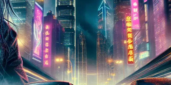 A high-speed car chase in a neon-lit urban landscape, featuring intense drivers and vibrant skyscrapers.