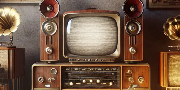 A cozy retro living room filled with vintage audio equipment, a record player, and nostalgic decor.