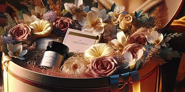 A cozy room with a romantic gift box, candles, and a joyful couple celebrating love and intimacy.