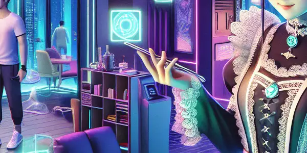 A vibrant futuristic mansion scene featuring a customizable maid character engaging with a player avatar amidst interactive holograms.