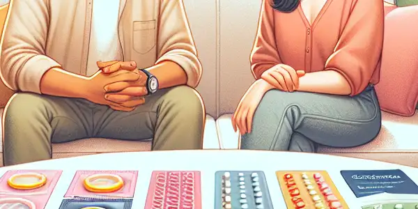 A couple discusses contraception options in a cozy, softly lit room, emphasizing intimacy and informed choices.
