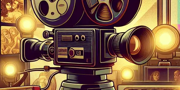 A vintage film set showcasing 1970s adult film culture with classic equipment, VHS tapes, and symbols of societal discussions.