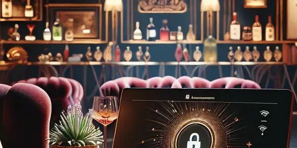 A luxurious lounge with plush seating, a secure device, and elegant decor, embodying safe VIP adult entertainment.