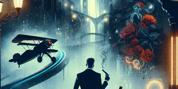 A shadowy figure in a suit holds a cigar against a gritty, neon-lit cityscape with surreal, floating buildings.