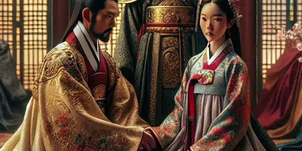 A romantic scene depicting a love triangle between a king, queen, and royal guard in a Goryeo Dynasty palace.