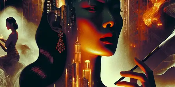 A woman in a vintage dress embodies longing and introspection in a dimly lit, atmospheric room.