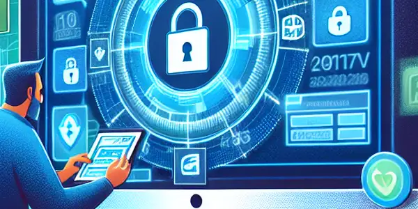 A joyful person engaging with a secure online lottery platform, surrounded by symbols of safety and responsible participation.