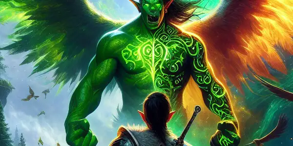 A dramatic confrontation between Thrall and Illidan in a mystical forest, capturing the anticipation for "Warcraft 2."