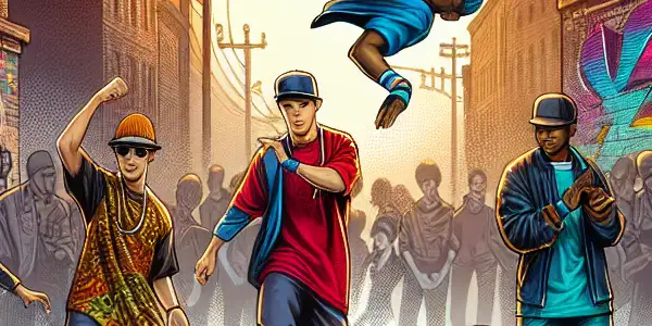 A vibrant urban scene with diverse dancers performing breakdance moves against a graffiti backdrop at sunset.