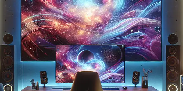 A futuristic, serene room designed for adult content browsing with a high-tech computer setup and ambient lighting.