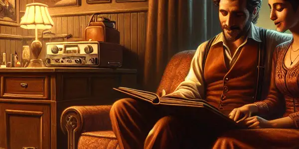 A couple shares a tender moment in a cozy, vintage room, surrounded by memories and candlelight.