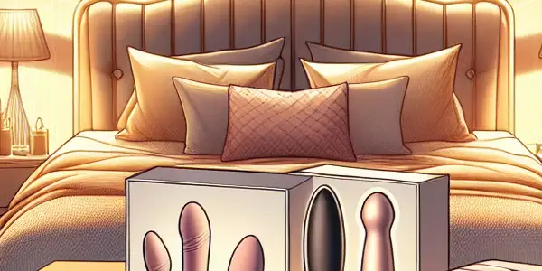 A cozy bedroom scene featuring elegant adult toys, soft lighting, and a laptop for discreet online shopping.