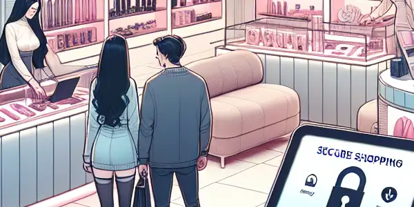 A modern adult toy shop interior with organized displays, diverse customers, and a warm, secure atmosphere.