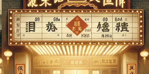 A vintage movie theater marquee in a 1950s Chinese town, surrounded by diverse audience members reflecting struggle and romance.