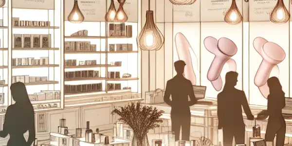 A modern adult store interior showcasing luxurious products and diverse shoppers in a warm, inviting atmosphere.