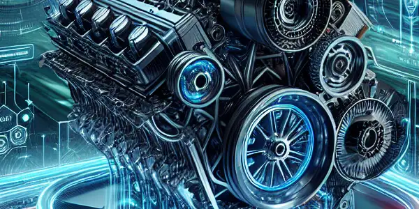 A futuristic, high-tech engine surrounded by a digital interface in a dynamic, high-speed environment.