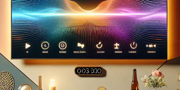 A cozy modern living room with a large TV, snacks, and decor emphasizing a premium streaming experience.