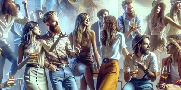 A diverse group of adults joyfully interacting in a vibrant urban setting, celebrating freedom and creativity.