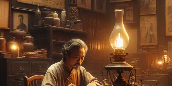 A middle-aged Chinese man intensely translating at a wooden desk in a dimly lit, antique-filled study.