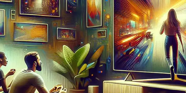 A cozy living room with friends enjoying a vibrant film on a large TV, surrounded by snacks and drinks.