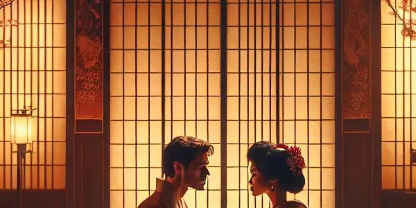 A romantic scene in a traditional Japanese room with actors in traditional attire, capturing intimacy and emotional connection.