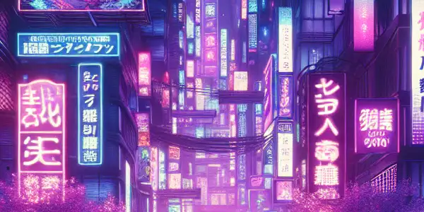 Neon-lit cityscape with billboards advertising adult content discounts, featuring stylized characters and cherry blossom trees.