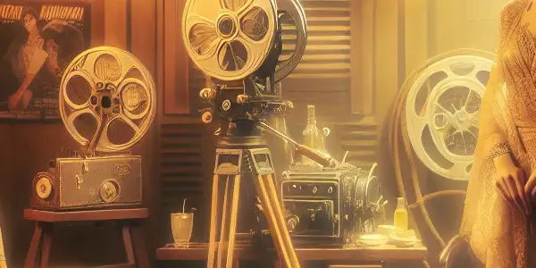 A glamorous actress poses on a vintage adult film set, surrounded by retro equipment and nostalgic decor.