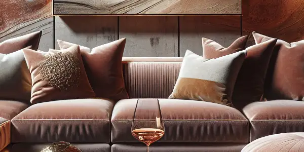 A cozy adult entertainment lounge featuring plush sofas, ambient lighting, and tasteful decor with romantic film scenes.