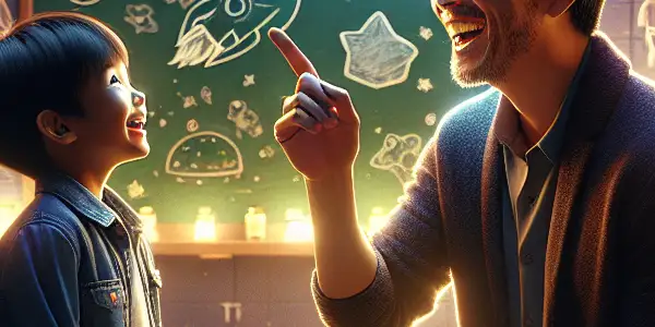 A father enthusiastically teaches his curious son in a cozy, starry classroom filled with creativity and dreams.