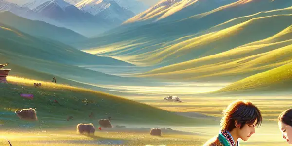 A young Tibetan couple shares a romantic moment on the Gannan Grassland, surrounded by vibrant wildflowers and mountains.