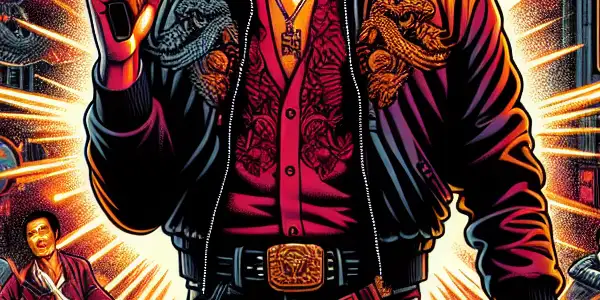 A dynamic movie poster featuring Lin Junxian in a striking pose, surrounded by 1980s Hong Kong action elements.