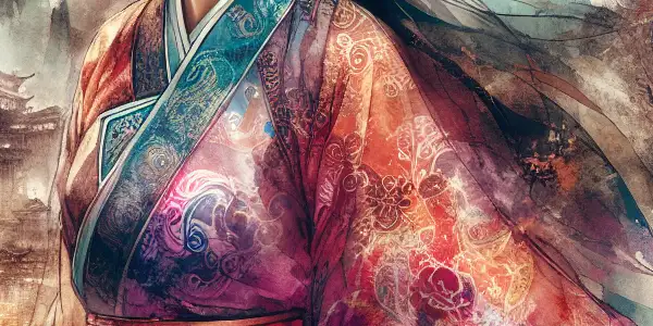 A female warrior in traditional martial arts attire stands confidently in a misty landscape, inspired by classic Chinese cinema.