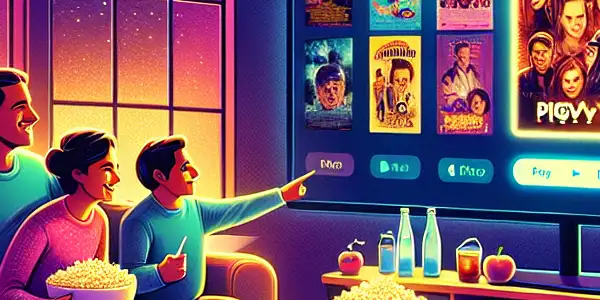 A cozy living room scene with diverse people enjoying a movie on a sleek streaming platform interface.