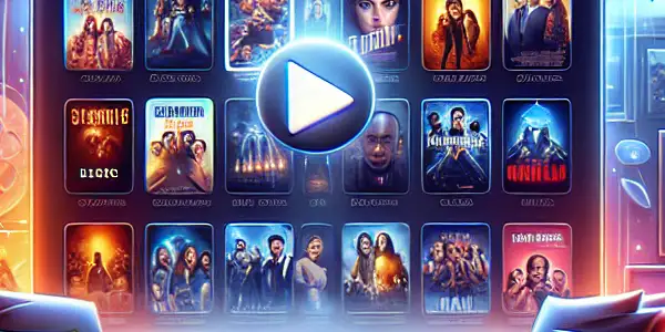A modern online movie streaming platform interface with vibrant thumbnails, cozy home setting, and inviting atmosphere.