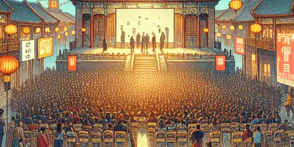 A lively scene of the Pingyao International Film Festival with crowds, traditional architecture, and outdoor film screenings at sunset.