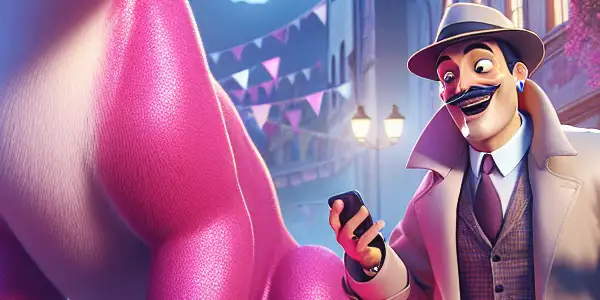 The Pink Panther and Inspector Clouseau humorously interact with a sparkling diamond in a colorful European cityscape.