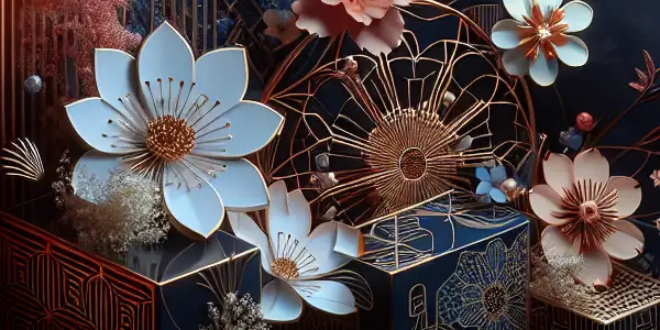 A modern digital platform showcasing curated Japanese adult film thumbnails with user ratings in an elegant, culturally-inspired setting.