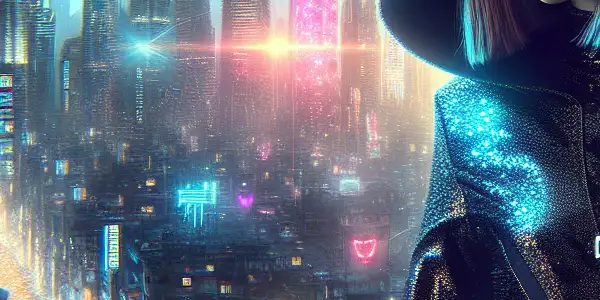 A seductive female figure in a black catsuit poses in a neon-lit urban nighttime setting.