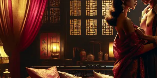 A passionate couple embraces in a lavish, dimly lit boudoir adorned with intricate Oriental decor.