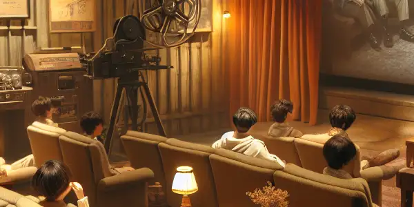 A nostalgic vintage film studio scene featuring actors in 80s and 90s Japanese adult film attire and decor.