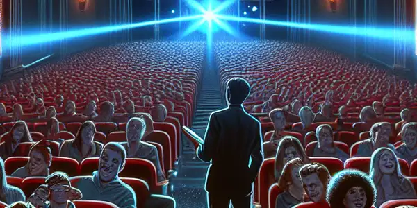 A lively cinema scene featuring diverse moviegoers excited for a themed film screening, with neon lights and vibrant decorations.