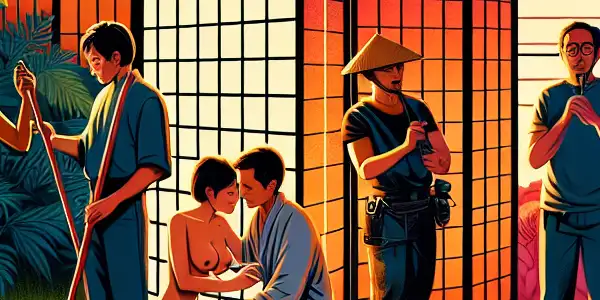 A vibrant film set with diverse actors portraying romance, featuring elements of American and Japanese adult film genres.