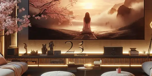 A cozy modern entertainment room with a large screen, warm lighting, and subtle Japanese cultural elements.