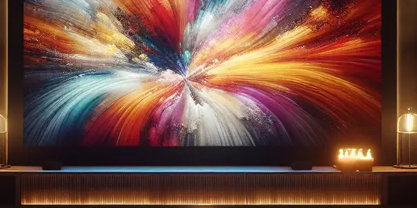 Cozy home theater with plush sofa, vibrant screen, popcorn bowl, and vintage film posters, creating an inviting atmosphere.