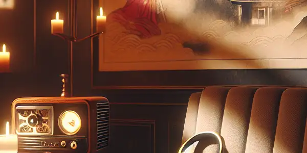 A cozy, dimly lit room with a vintage armchair, projector, and romantic film silhouettes creating an intimate atmosphere.