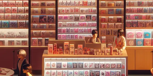 A vibrant adult novelty shop interior with colorful toys, cozy decor, and a friendly atmosphere for diverse customers.