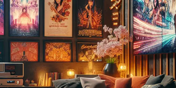 A cozy living room with a large screen displaying colorful movie posters, featuring plush furniture and subtle Japanese decor.
