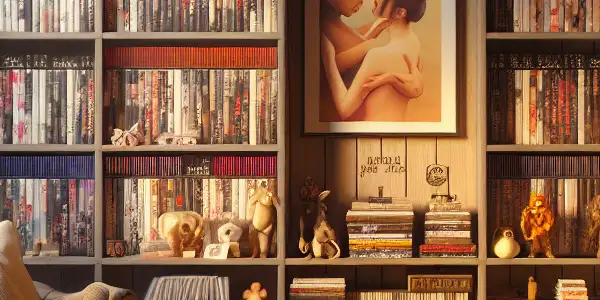A cozy, intimate room filled with organized shelves of adult films and personal decor, emphasizing privacy and warmth.