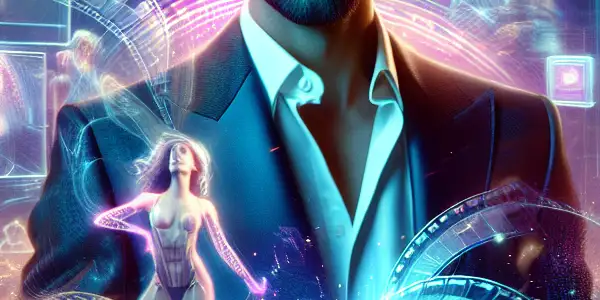 A futuristic virtual cinema scene featuring a stylish film director amidst neon lights and holographic displays.