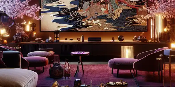 A cozy living room showcasing Japanese culture, with ambient lighting and a large screen displaying abstract movie scenes.